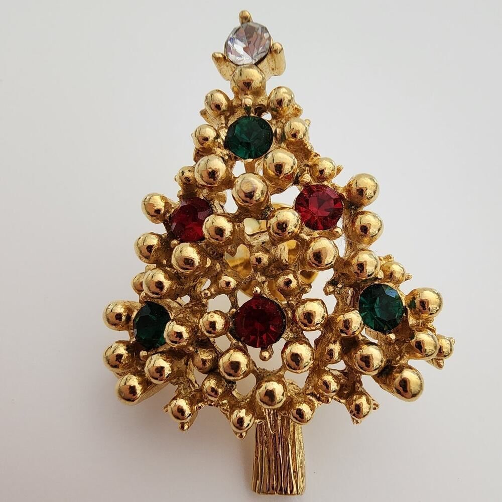 Vintage Christmas Tree pin gold tone multi color‎ rhinestones 1.5"